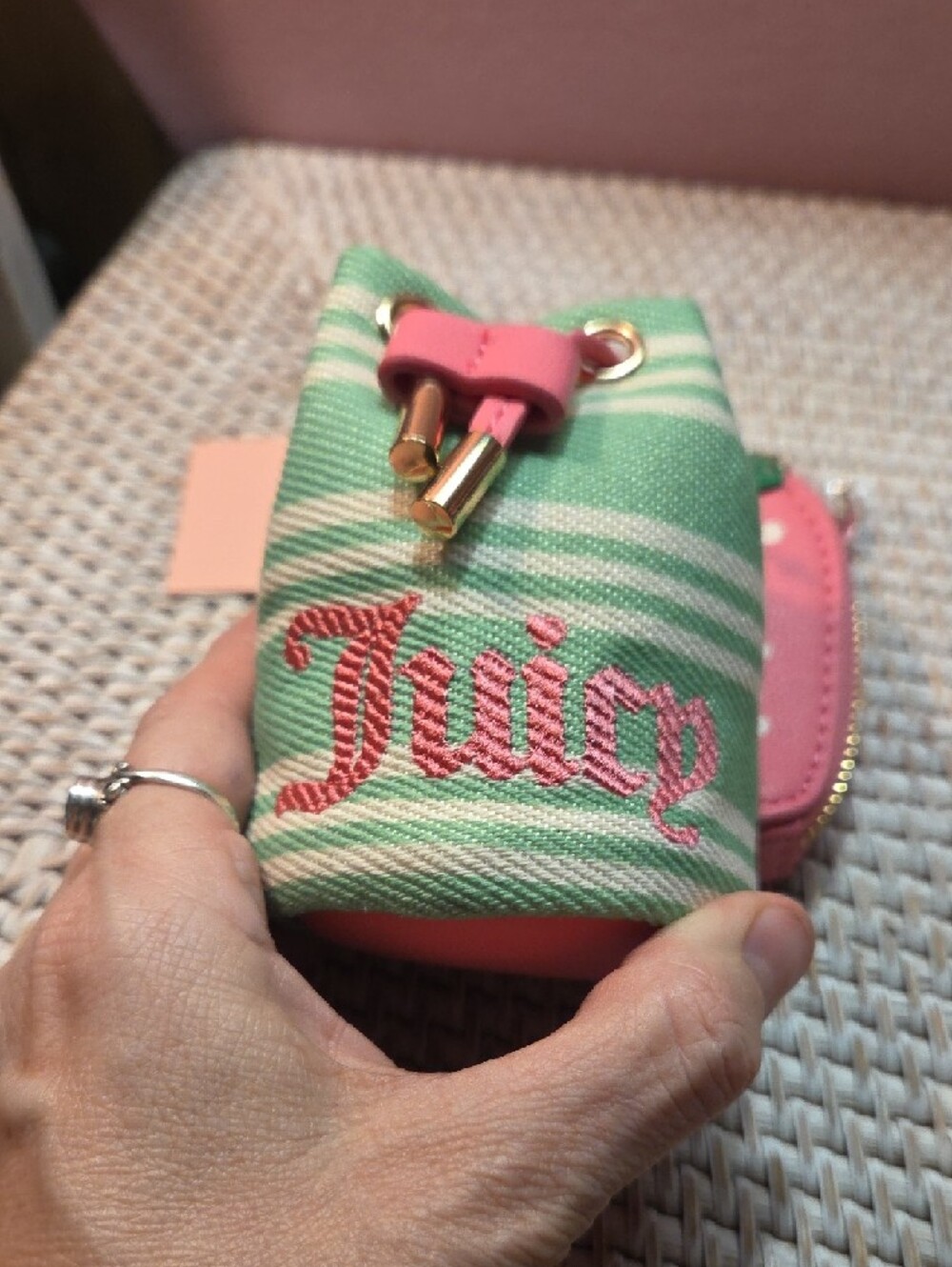 Juicy Couture Pink Strawberry Charm with Green Striped Mini Bag Keyring - Picture 5 of 5